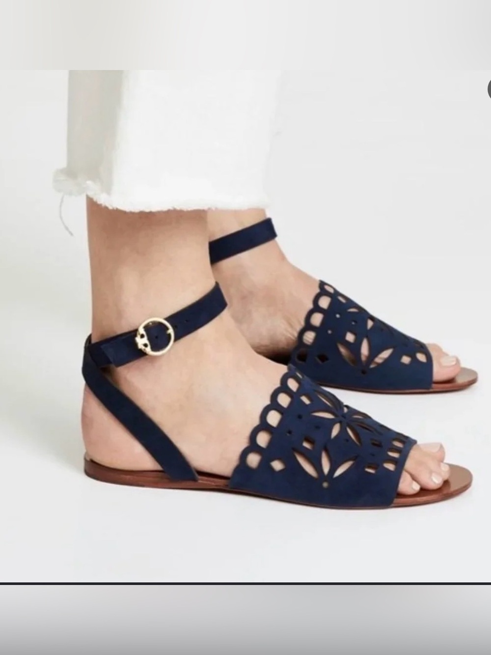 Tory Burch May flat Lancaster suede navy ankle strap laser cut leaf sandals 6.5
